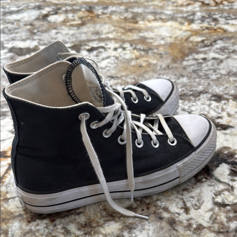 Black High-Top Converse Platform Sneakers with White Accents - Picture 2 of 5
